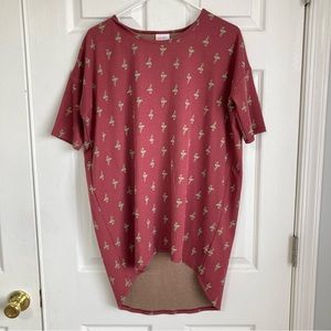 Lularoe Irma top size XXS dark salmon and green with flamingo pattern